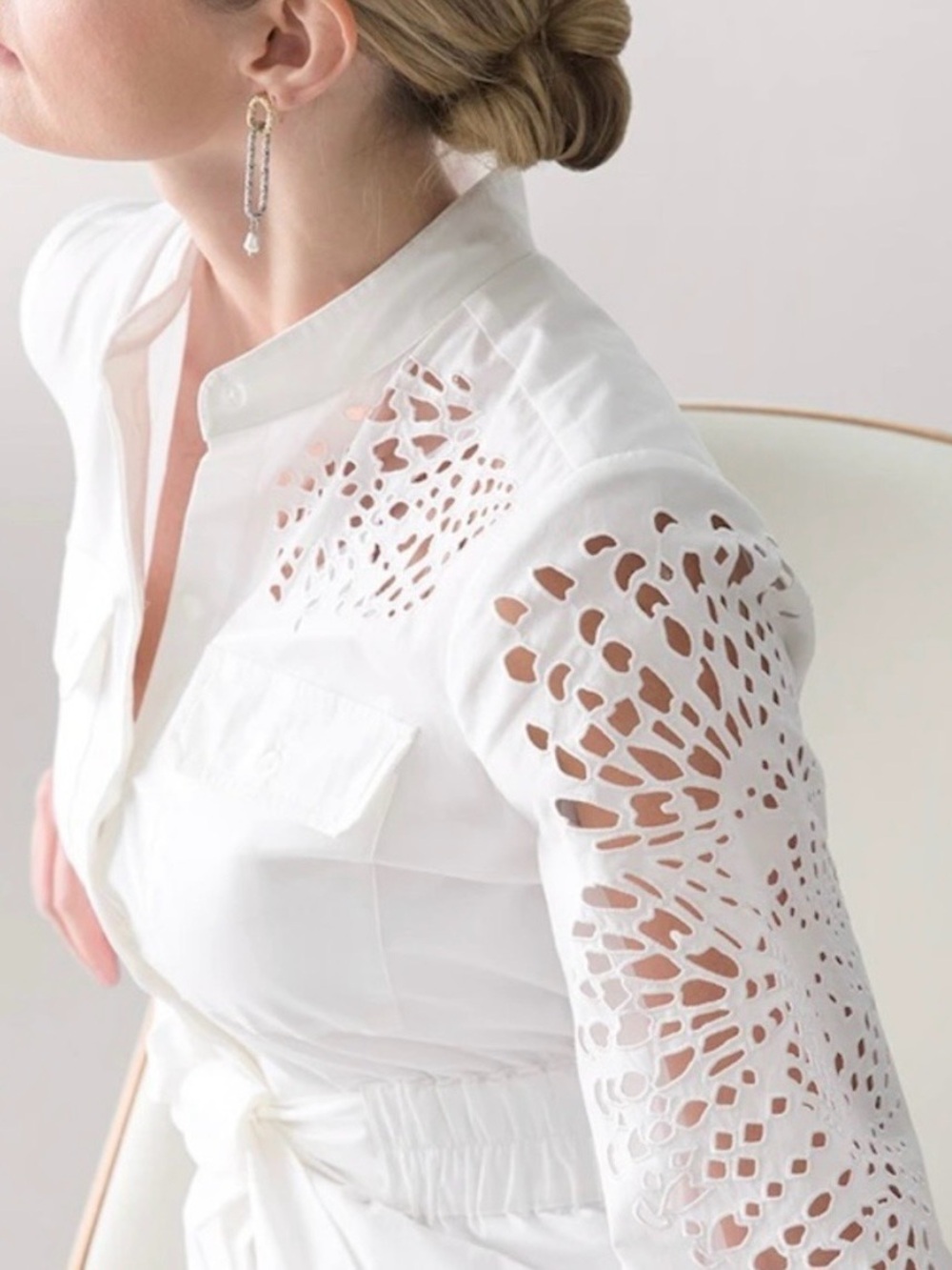 White Eyelet Shirt Dress with Tie Waist - Picture 4 of 5